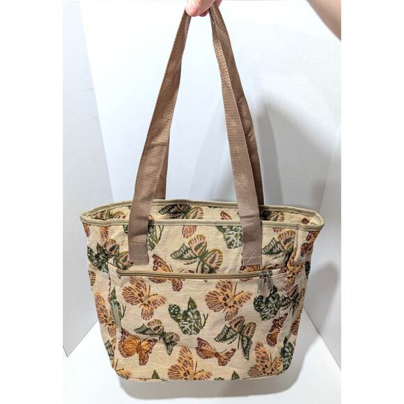 Vtg J Garden Butterfly Tapestry 14" Canvas Tote Bag Zipper Closure Reusable Bag - Picture 11 of 16